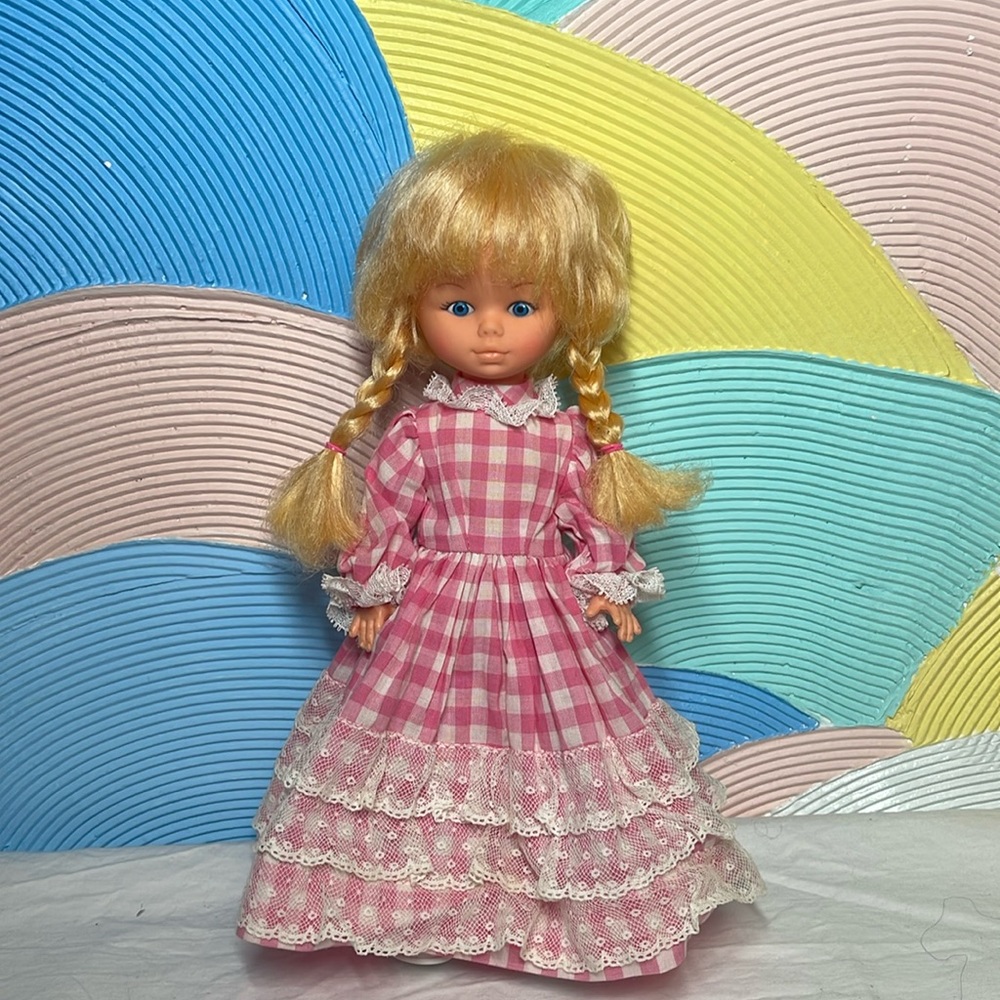 1970s Vintage Collectible German doll in Prairie gingham long gown pants socks